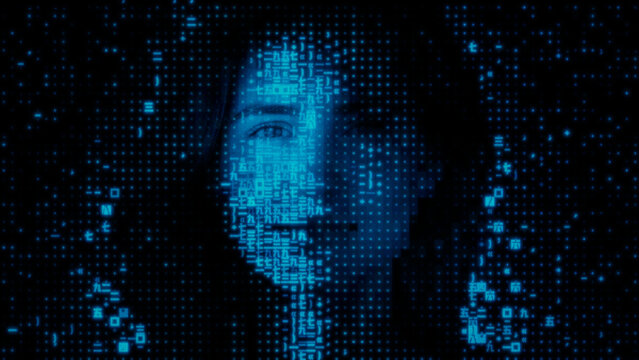 Woman's Face dissolving into Machine Code. Agentic AI Concept.
