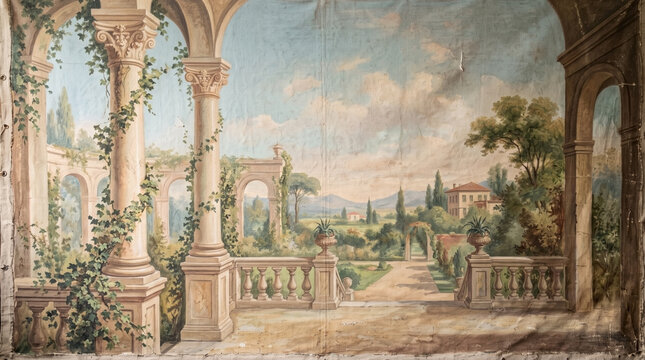 Classical garden mural with elegant stone pillars and climbing green vines in Italian landscape. Classical garden mural depicts scenic villa under soft blue sky. Concept classical garden mural art.