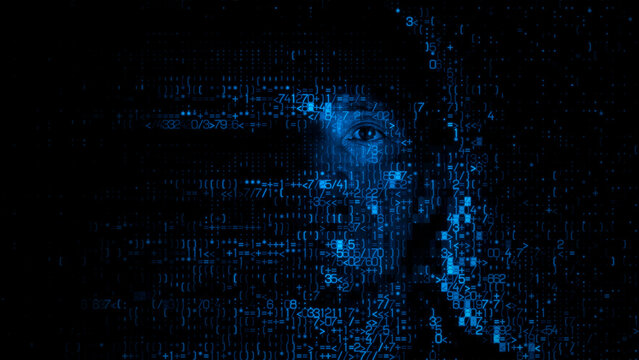 Human Face formed from Machine Data, symbolising Sock Puppet Account Concept.