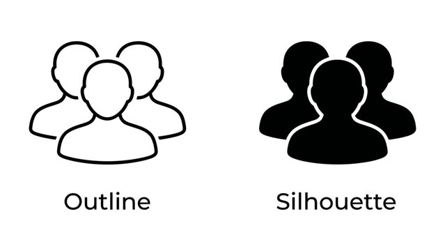 Team Iconography: A visual representation of teamwork through stylized icons, showcasing an outline and a silhouette of a group of people, symbolizing unity and collaboration.
