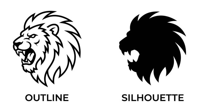 Lion Head Outline and Silhouette: A powerful lion's head depicted in two styles: a detailed line drawing and a solid black silhouette, showcasing fierce aggression and regal authority.