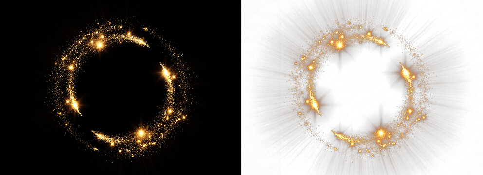 Golden sparkling magic circle light effect, glowing glitter ring isolated on transparent background