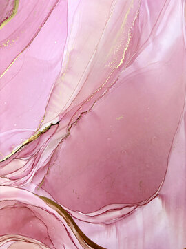 Abstract handmade not AI royalty free flud pink aquarelle or marble background with gold. Beautiful alcohol ink watercolor artwork. Backdrop texture or interior poster resembles natural pink stone.