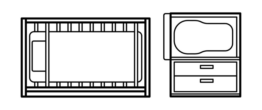 Baby crib bed and dresser changing table top view outline icon illustrations