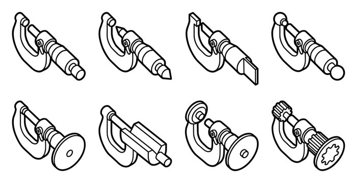 Isometric micrometer icons, engineering measuring devices, tech tools
