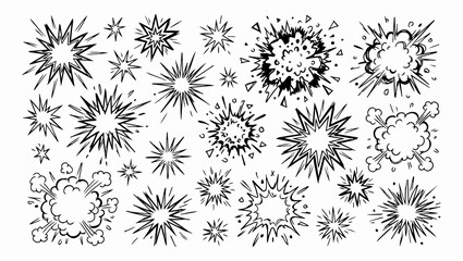 Obraz premium Set of black hand-drawn comic explosion clouds and starburst blast effects vector illustration for pop art design