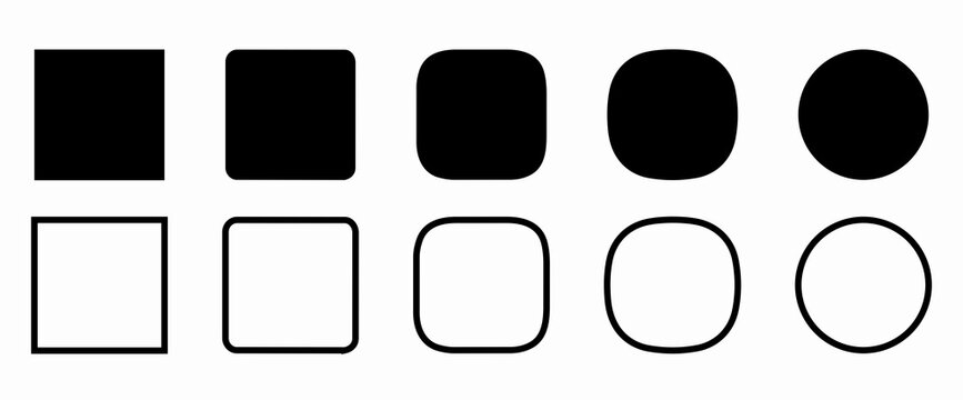 Set of basic geometric shapes showing smooth transition from square to circle featuring squircle and rounded corners vector illustration for app icons