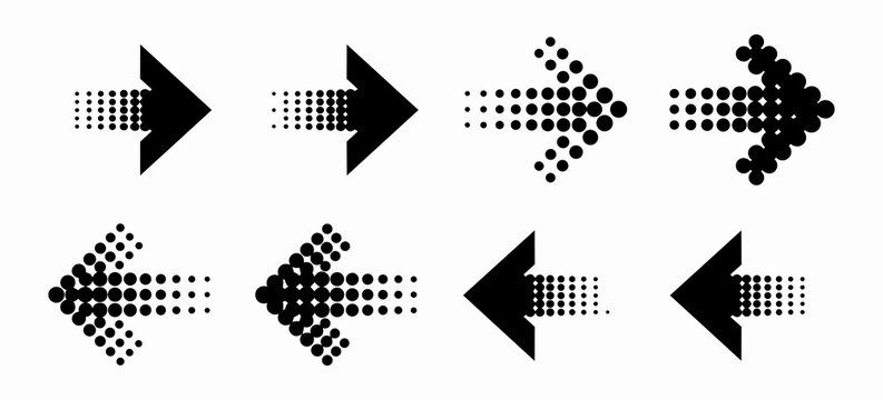 Set of black halftone dotted arrows featuring fading gradient effect vector illustration for digital interface design