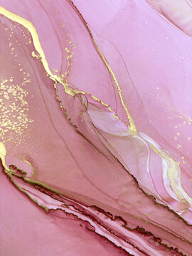 Abstract handmade not AI royalty free flud pink aquarelle or marble background with gold. Beautiful alcohol ink watercolor artwork. Backdrop texture or interior poster resembles natural pink stone.
