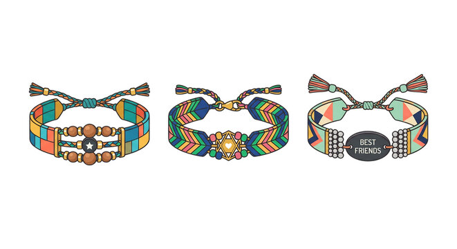 Handmade friendship bracelets with vibrant boho geometric patterns and beads vector illustration