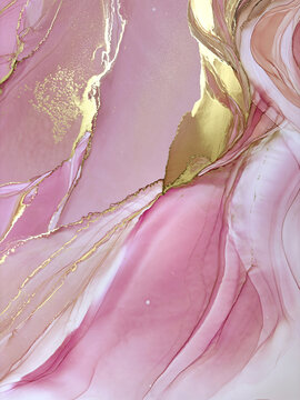 Abstract handmade not AI royalty free flud pink aquarelle or marble background with gold. Beautiful alcohol ink watercolor artwork. Backdrop texture or interior poster resembles natural pink stone.