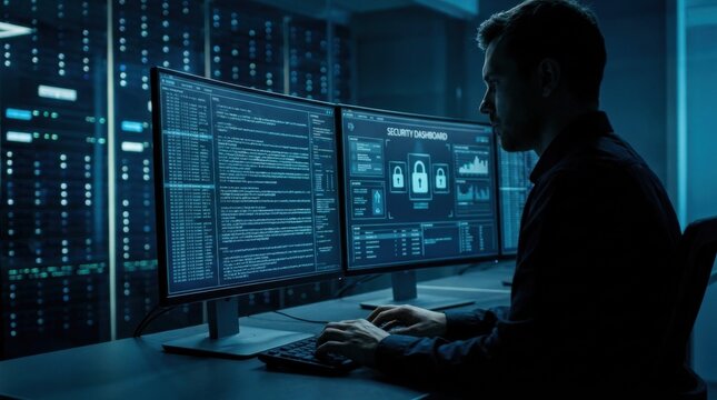 Data Protection: Cybersecurity specialist monitoring encrypted data across digital infrastructure 