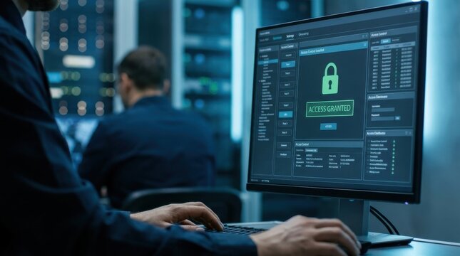 Access Control: Security administrator verifying user permissions on a corporate network 