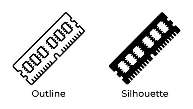 Computer Memory Stick Icons: Two graphic representations of a computer memory stick (RAM module) are shown, one as an outline and the other as a black silhouette.
