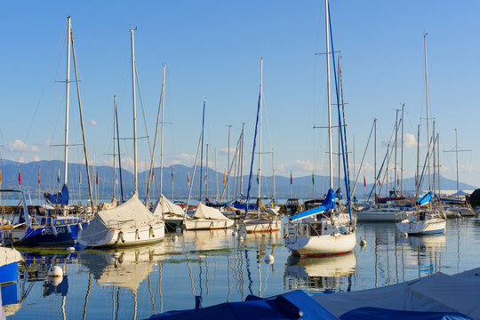Morges, Switzerland - August 6, 2026: Sailboats and Yachts Moored Quietly at Morges Marina on Lake Geneva