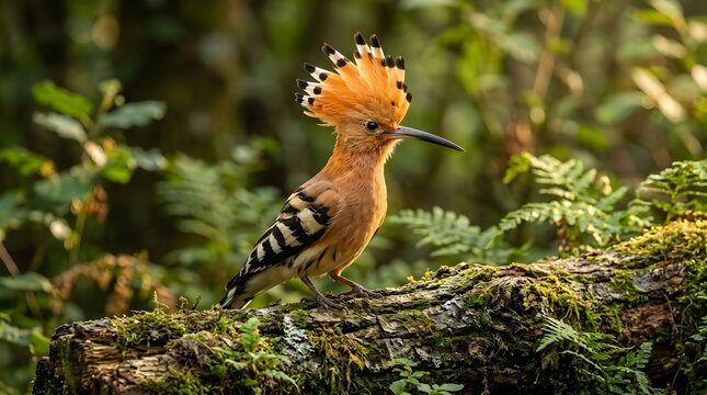 Common Hoopoe on Mossy Log