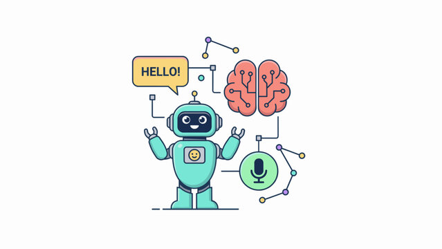 Artificial intelligence robot vector illustration, cute AI chatbot with brain and microphone icons, machine learning concept