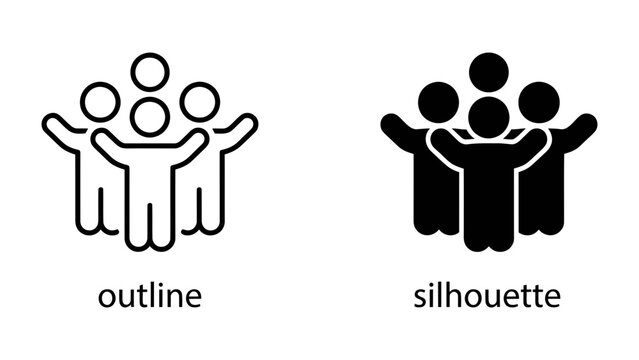 Group Icon Set: A pair of simple line art and silhouette icons depicting a group of stylized people with their arms raised, representing community or team spirit.