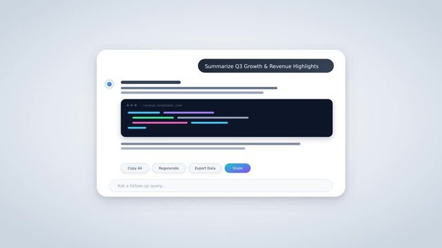AI chat prompt bar expanding into rich answer card with code snippet