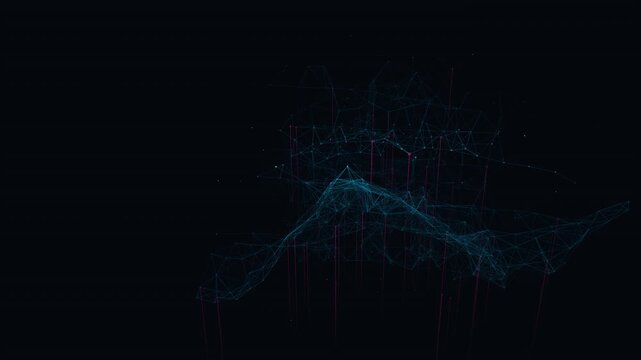 Quantum neural network of glowing connected point cloud nodes evolving through layered geometric matrices in a seamless looping digital technology background