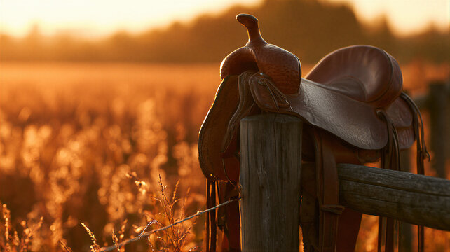 Equestrian saddle resting on a wooden fence at sunset in an autumn field. Rural horseback riding concept with warm seasonal countryside light and copy space.