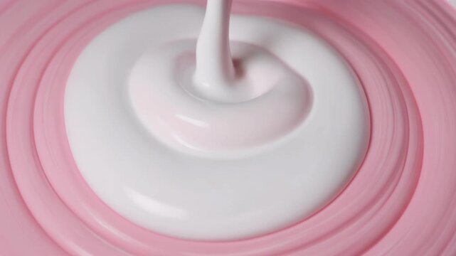 Pouring white cream into pink liquid, creating satisfying swirls in slow motion.