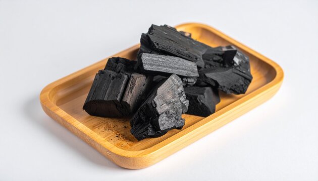 Assorted black coal pieces in wooden tray on white background.