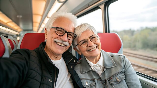 Happy senior couple taking a selfie while traveling together on a modern train