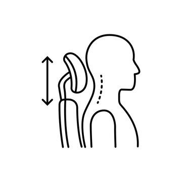 Minimal line art illustration of an adjustable office chair headrest showing height adjustment arrows for proper neck alignment.