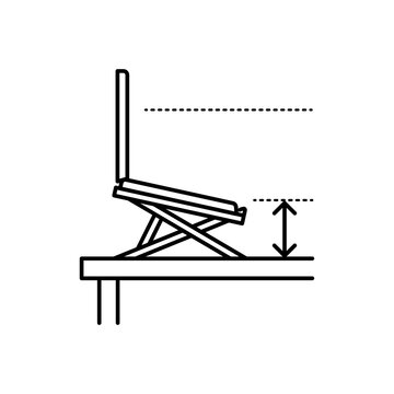 Line icon showing a laptop placed on an adjustable desk stand aligned to eye level sight lines.