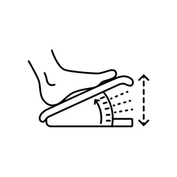 Line art illustration of a foot resting on an ergonomic footrest with angle measurement indicator and height adjustment arrows.
