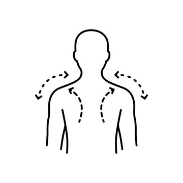 Line art illustration of an upper body back view showing directional arrows for shoulder roll stretching exercises. 
