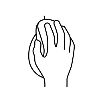 Minimal line icon featuring a hand gripping a vertical ergonomic computer mouse for natural wrist positioning. 