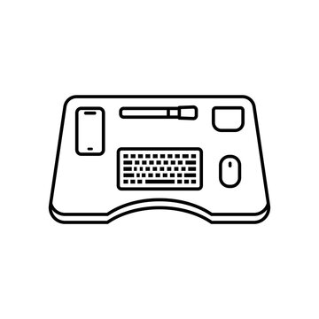 Top-view minimal line icon illustrating a contoured ergonomic desk workspace with organized placement for keyboard, phone, and mouse.
