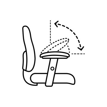 Line icon showing the angular pivoting movement of an office chair armrest with rotational arrows.
