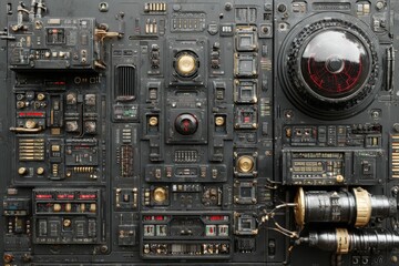Fototapeta premium Detailed control panel featuring various buttons, dials, and screens in a dark metallic finish, showcasing intricate design and technology elements for industrial applications
