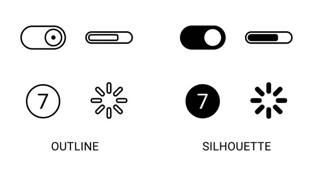 UI Elements: A collection of user interface elements including toggle switches, progress bars, loading icons, and number indicators.