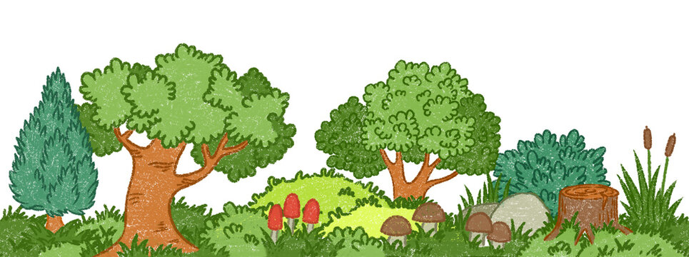 Seamless forest border. Trees, bushes, and grass. fairytale crayons drawing for children in cartoon style.