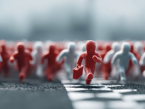 Red and white figurines representing people race towards a finish line, with one red figure carrying a briefcase in a competitive business environment