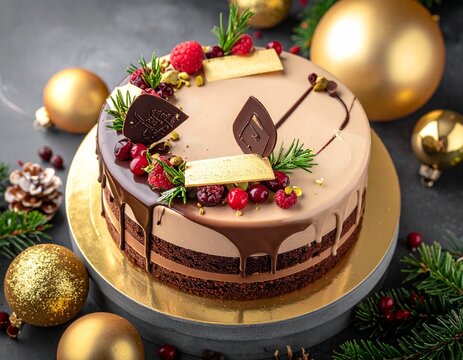 Luxury Chocolate Christmas Cake with Pistachios, Berries and Chocolate Drip