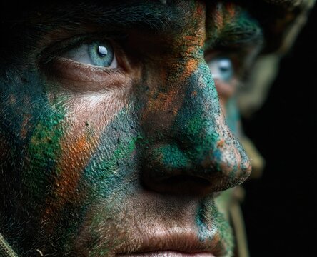 Close-up portrait of a male soldier with camouflage face paint, showcasing intense blue eyes and rugged facial features, wearing military gear in a dark environment