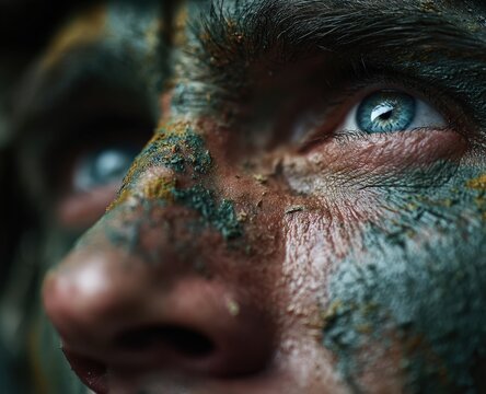 Close-up of a male soldier's face with camouflage paint, showcasing intense blue eyes and textured skin, highlighting details of military preparation and focus