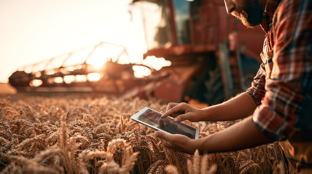Farmer using a tablet beside a field during harvest, combining traditional farming with digital technology, agriculture, precision farming, rural business, crop management and innovation.