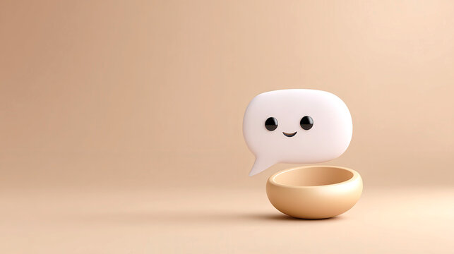 Futuristic ai technology concept with cute smiling speech bubble floating above beige bowl on soft background