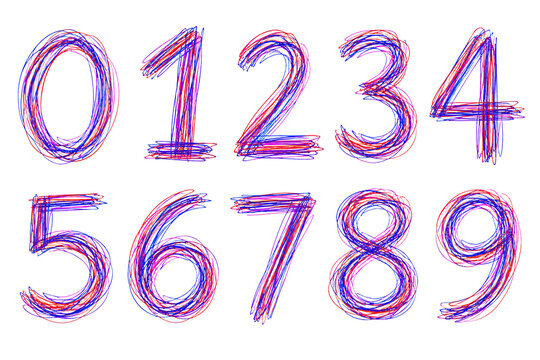 Hand drawn colorful numbers zero to nine on transparent background