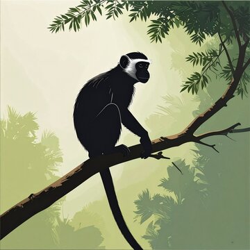 Black and white monkey sitting on a tree branch in forest.