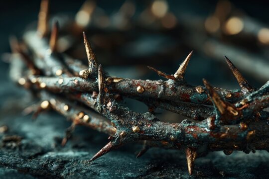 Close-up view of a rustic crown of thorns with sharp spikes resting on a textured stone surface, highlighting intricate details and aged appearance