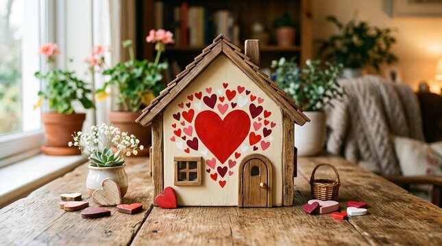 Charming miniature wooden house with heart decorations and floral arrangements.