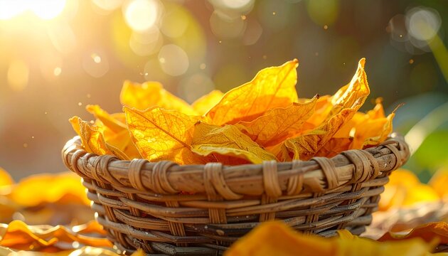 Woven basket filled with colorful autumn leaves on forest floor.