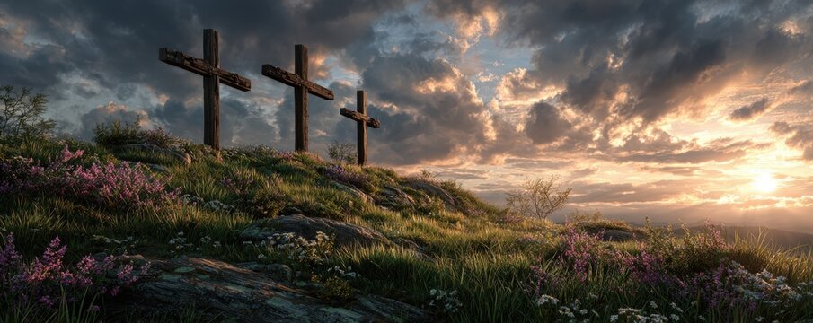 Three wooden crosses on a grassy hill at sunset, surrounded by wildflowers and dramatic clouds, creating a serene and reflective landscape scene